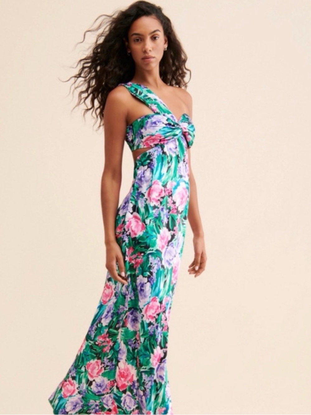 Revolve Floral One-Shoulder Cutout Maxi Dress - Green Floral XS
